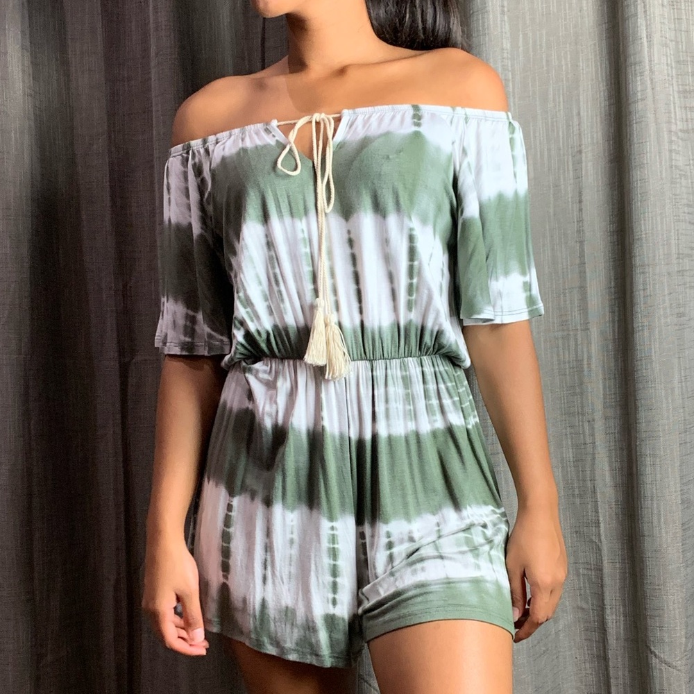 Off Shoulder Tie Dye Sage Green/White Romper
